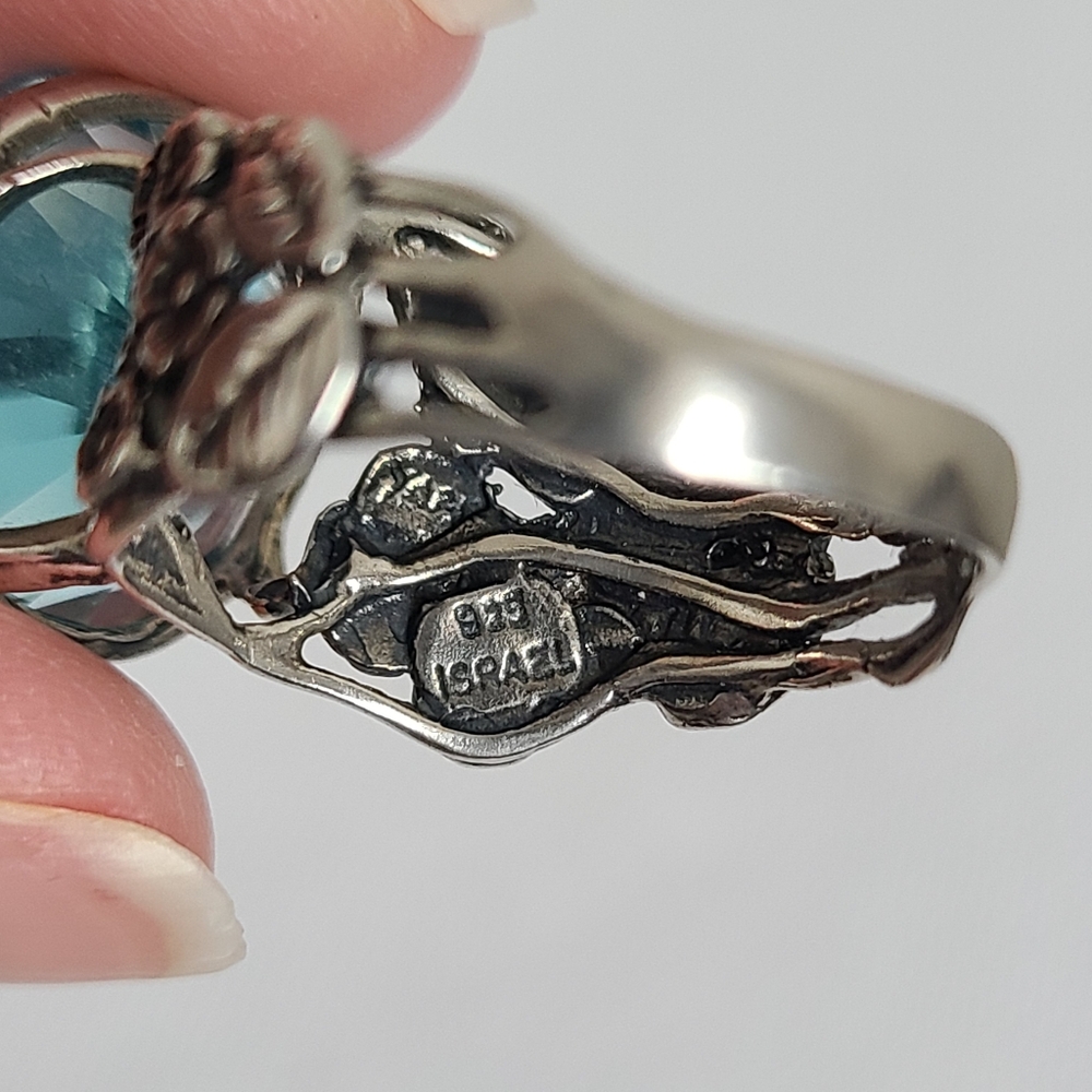 Vintage Sterling Silver Boho Chunky Blue Topaz Solitaire Floral Statement Ring - Picture 10 of 14